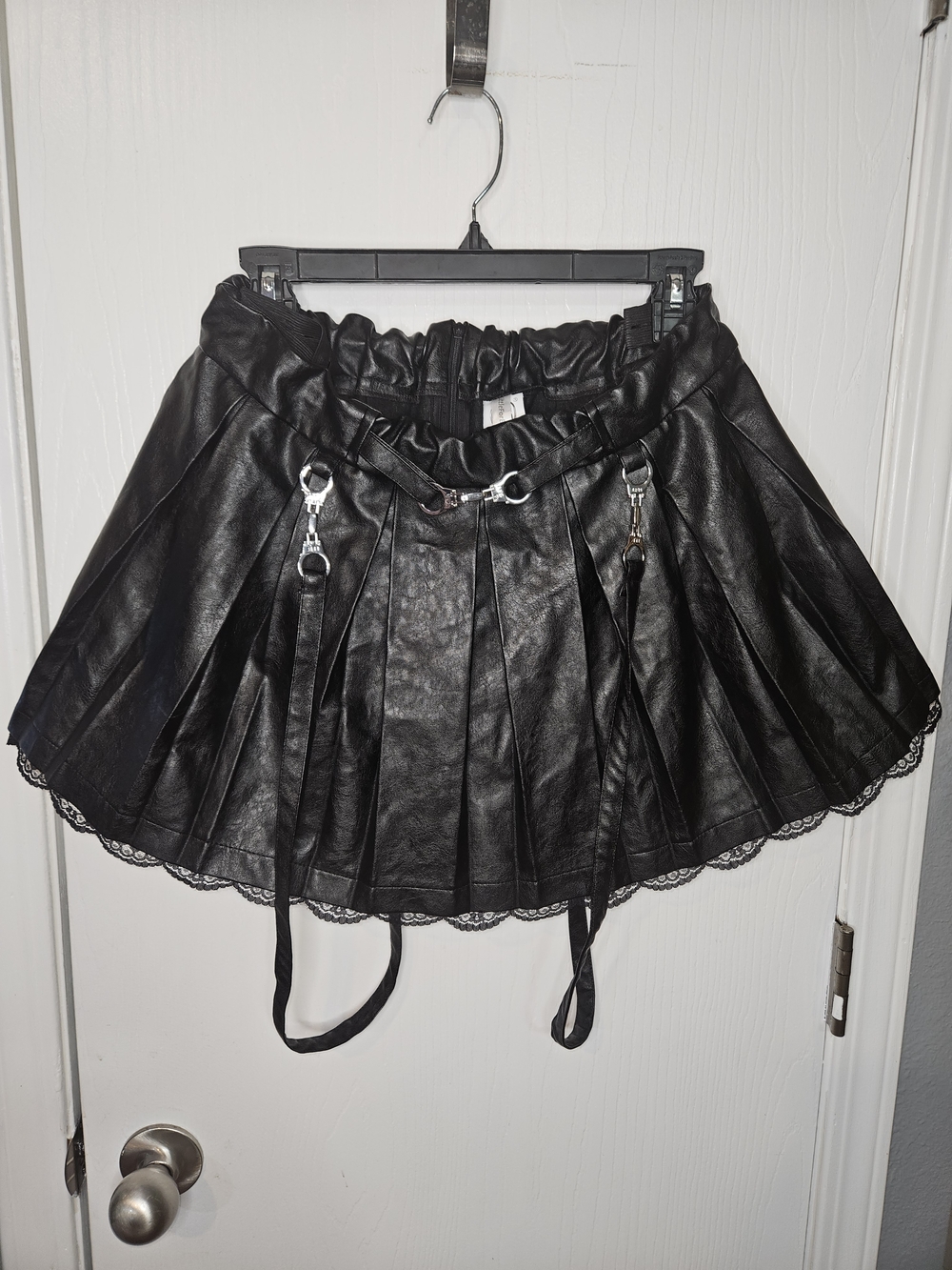 Black Faux Leather Pleated Mini Skirt with Lace Trim